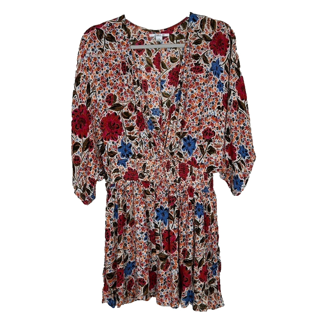 O'Neill tunic/mini dress Sz L lightweight faux wrap smocked waist Bohemian Beach